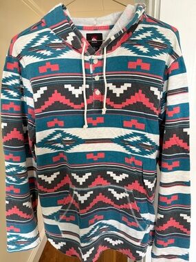 Quiksilver Teal, Coral & White Aztec Hooded Henley Sweatshirt